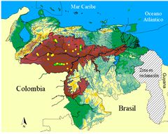 Mapa de distribución de Crocodylus intermedius. Los puntos señalan lugares donde se han realizado liberaciones de individuos criados en cautiverio. Las áreas en verde muestran la ubicación de las principales poblaciones.