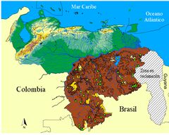 Área de distribución de Paleosuchus trigonatus en Venezuela. Los puntos verdes indican las localidades donde se ha colectado u observado a la especie